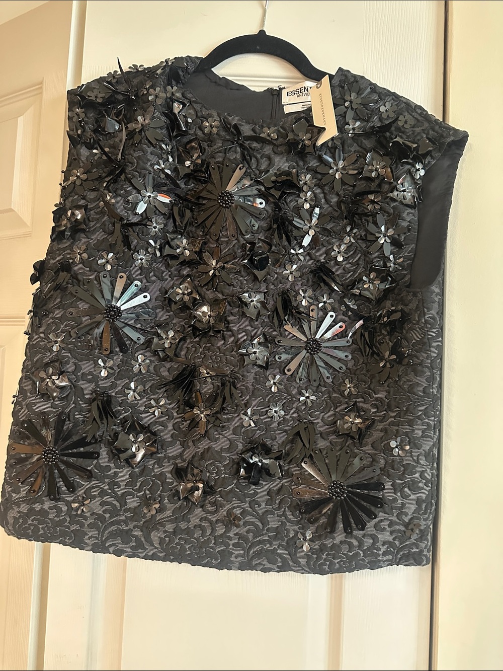 Embellished Black Floral Lace Top- Essentiel Antwerp- by Anthropology
